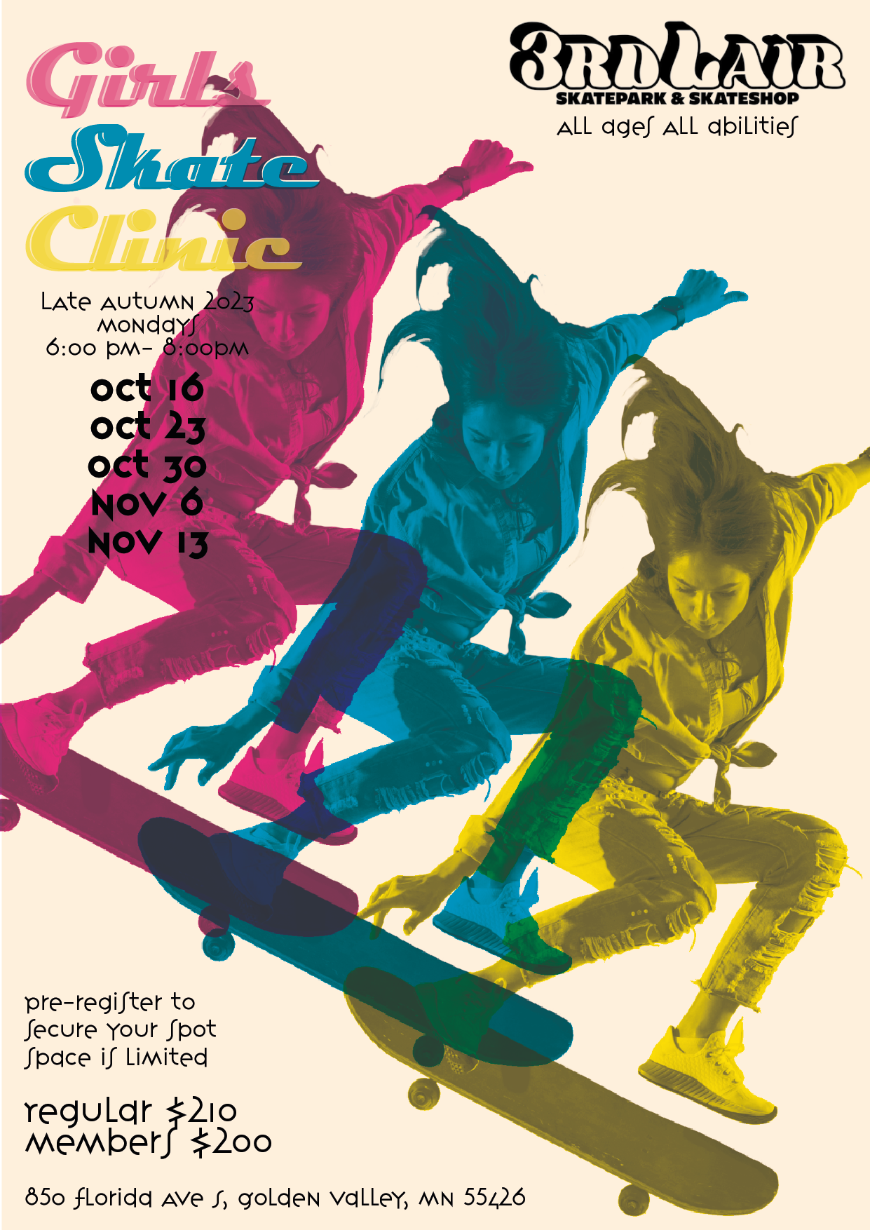 girls skate clinic poster, repetition design